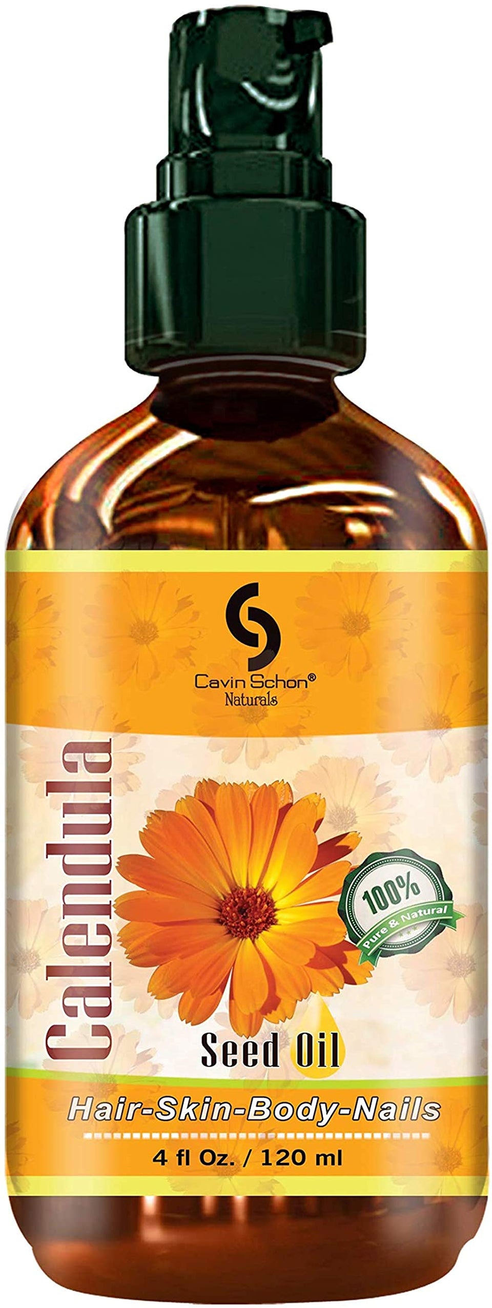 Cavin Schon calendula oil front bottle showing label and size for easy identification
