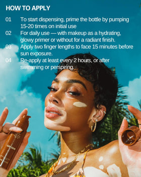 Cay Skin Isle Glow next to a 1.5 oz marker showing compact travel-friendly size