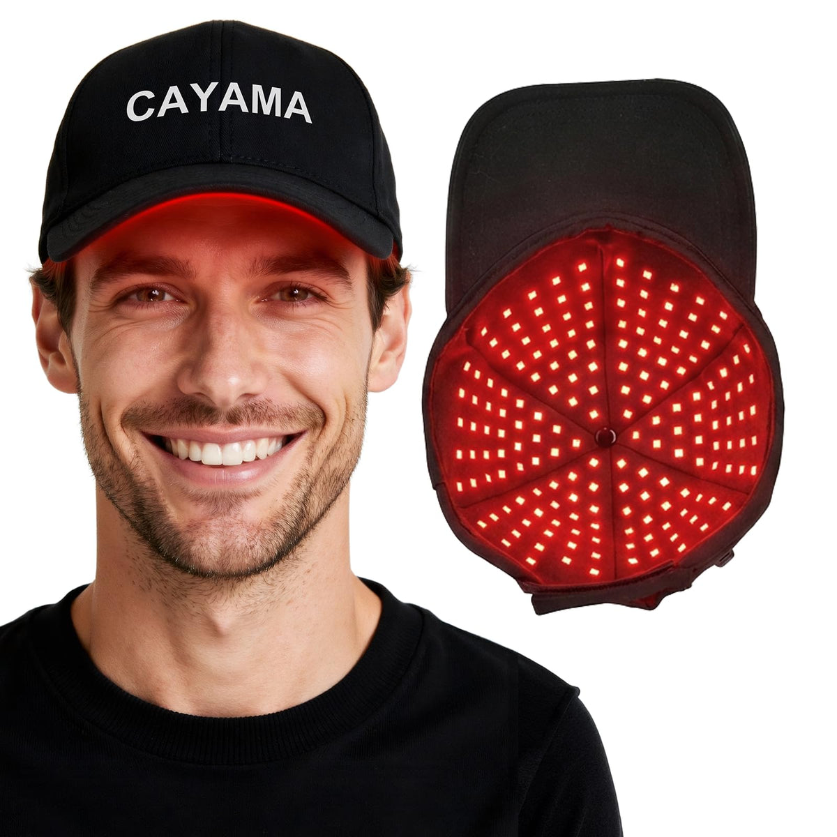 CAYAMA cap front view showing full-coverage design and hands-free convenience