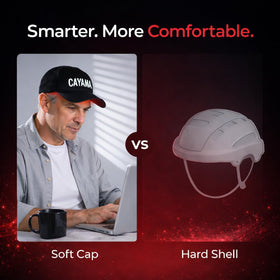 CAYAMA cap scale next to hand illustrating lightweight wearable design benefit