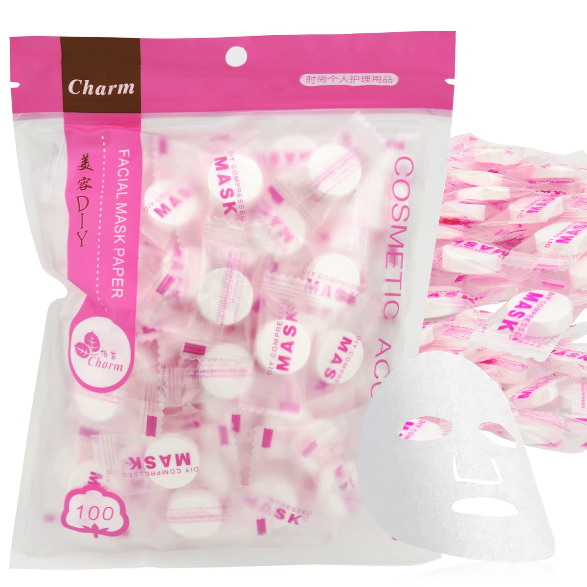 Cayanmydery front packaging showing 100 individually wrapped compressed masks for travel convenience
