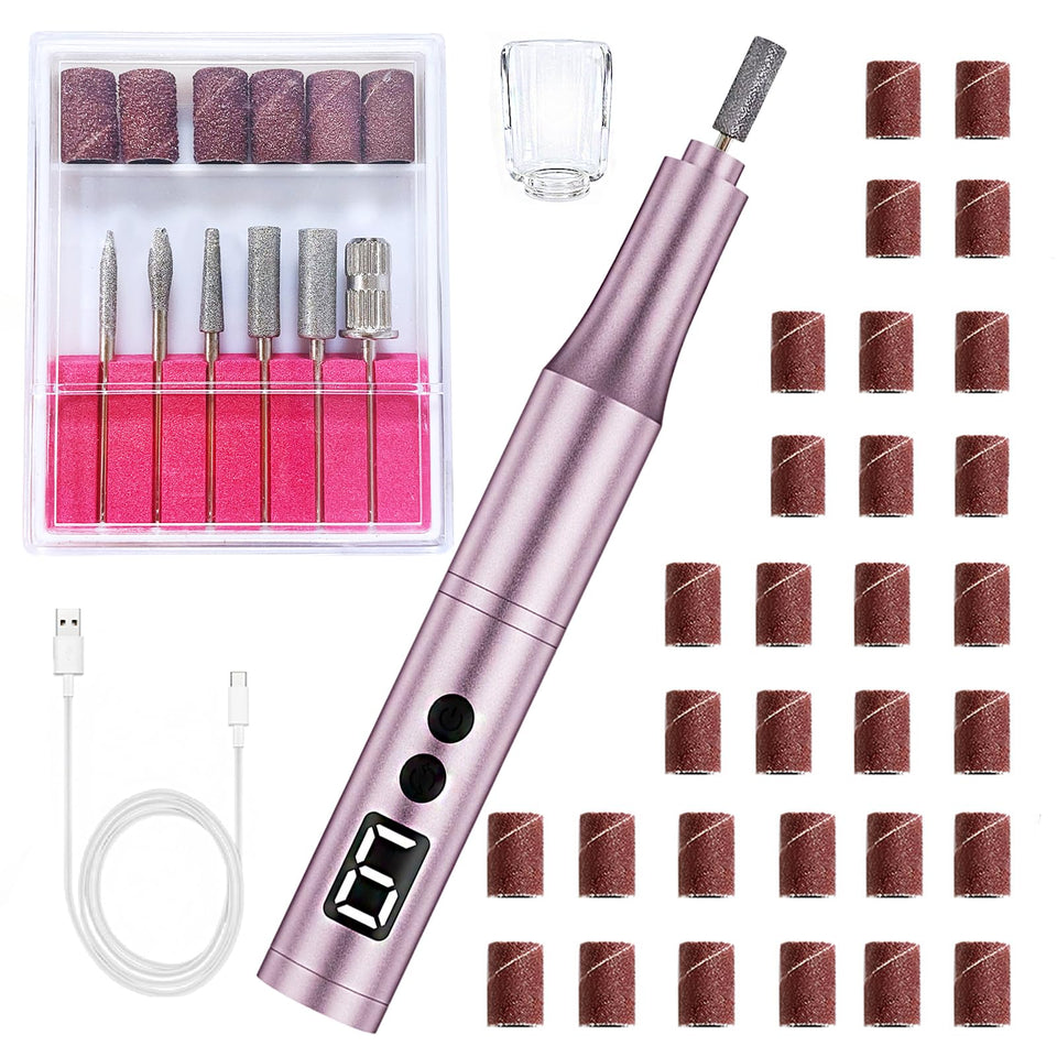 CBVCBV front view of pink cordless nail drill kit showing included accessories and benefits