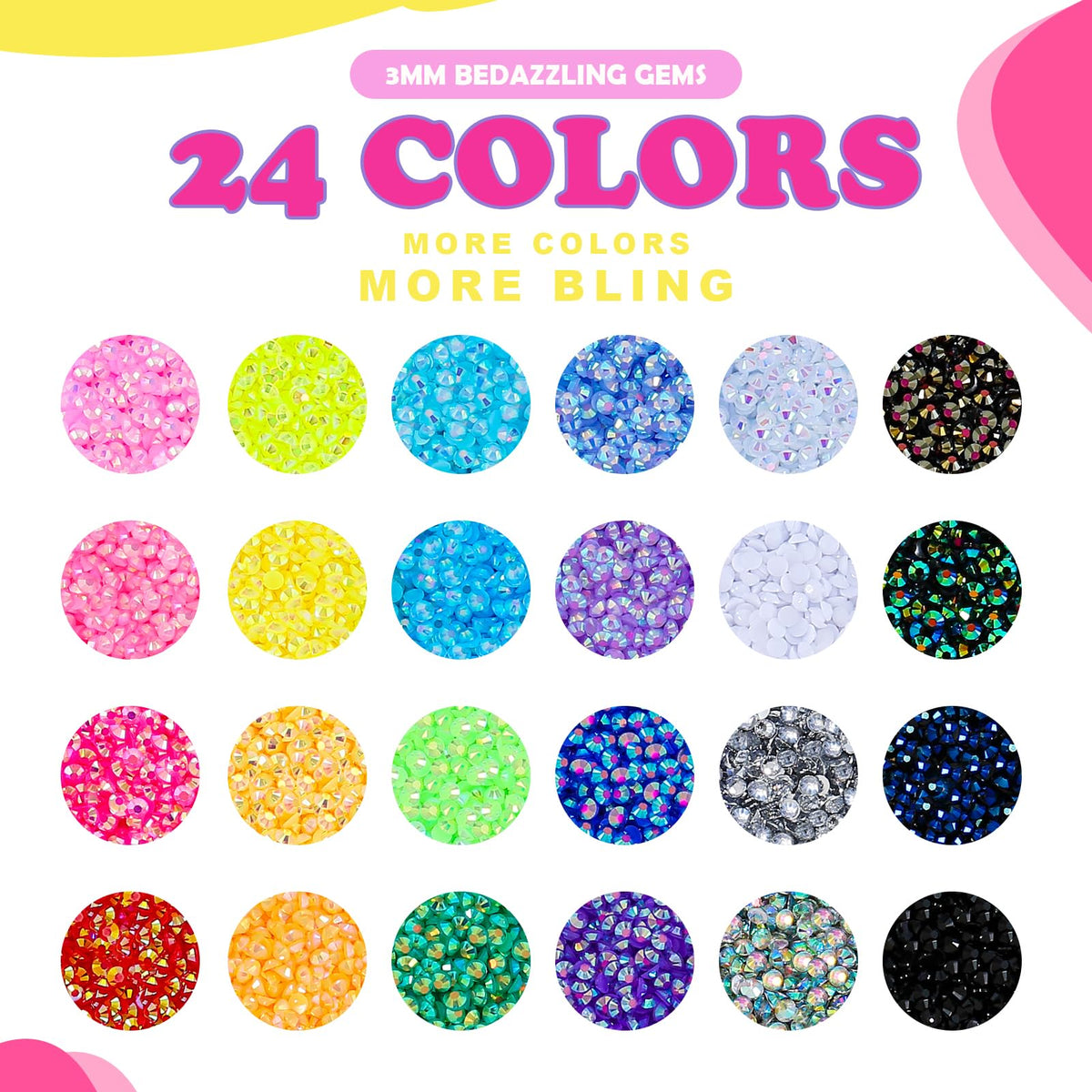 CCINPPY close-up of 3mm flatback rhinestones showing sparkle and color range