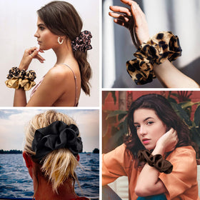 CEELGON coffee-tone scrunchie flat lay showing plush fabric and versatility