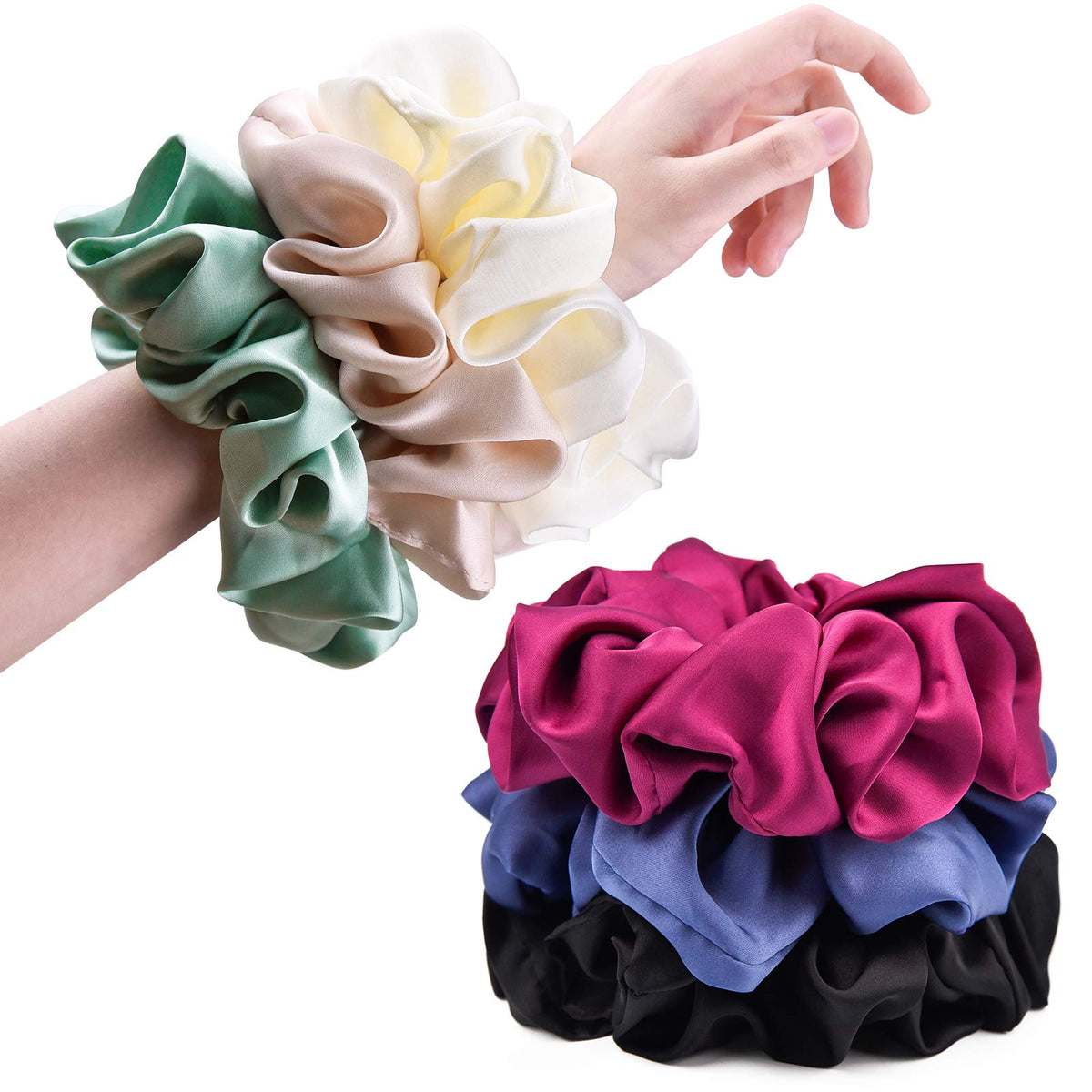 CEELGON front view of six jumbo satin scrunchies shows color set and packaging benefit