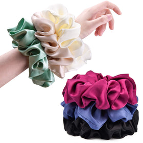 CEELGON front view of six jumbo satin scrunchies shows color set and packaging benefit