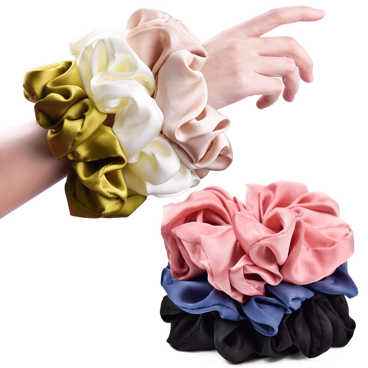 CEELGON six-pack front view showing colors and large satin scrunchies benefit gentle hold