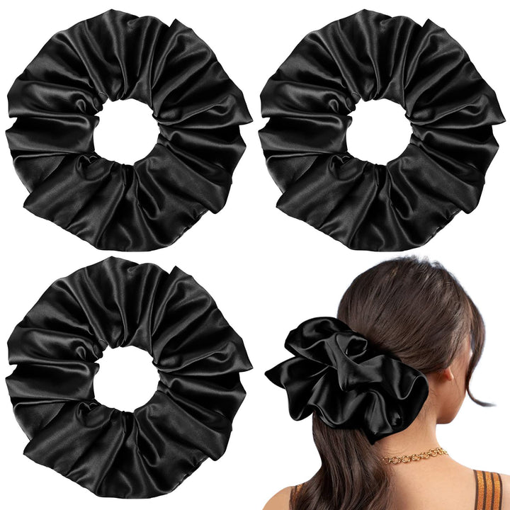 CEELGON front view of three black jumbo scrunchies shows bold accessory and secure hold