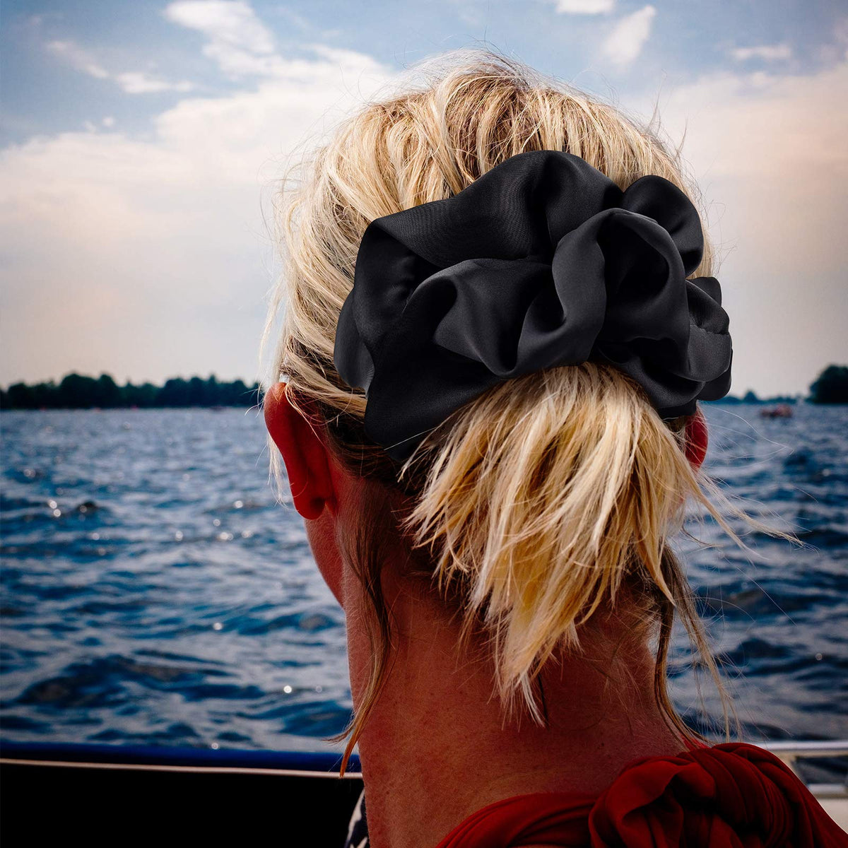 CEELGON scrunchie worn on wrist as accessory and backup hair tie