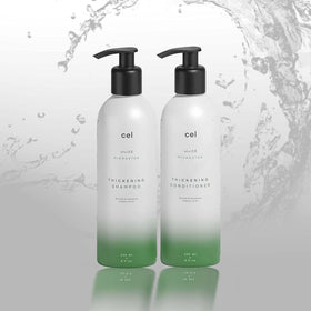 cel front packaging showing shampoo and conditioner, clear branding and size