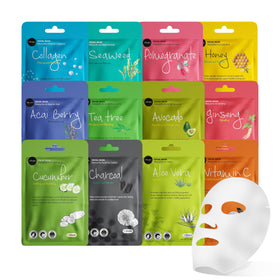 Celavi front packaging showing all 12 essence sheet masks and variety benefits