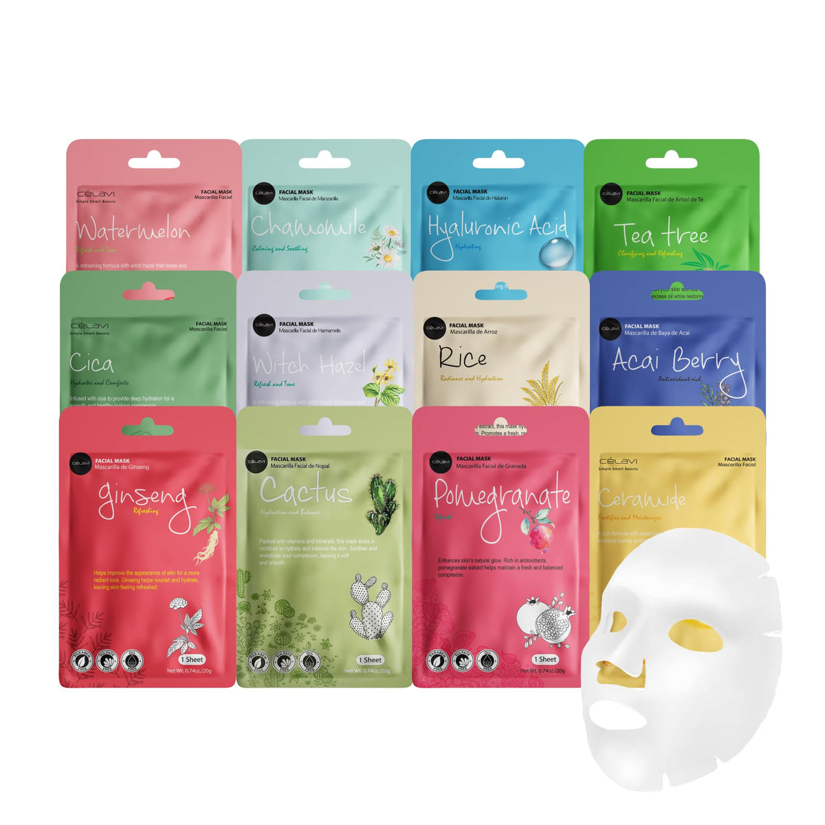 Celavi Cosmetics front packaging of 12-pack masks showing variety and convenience