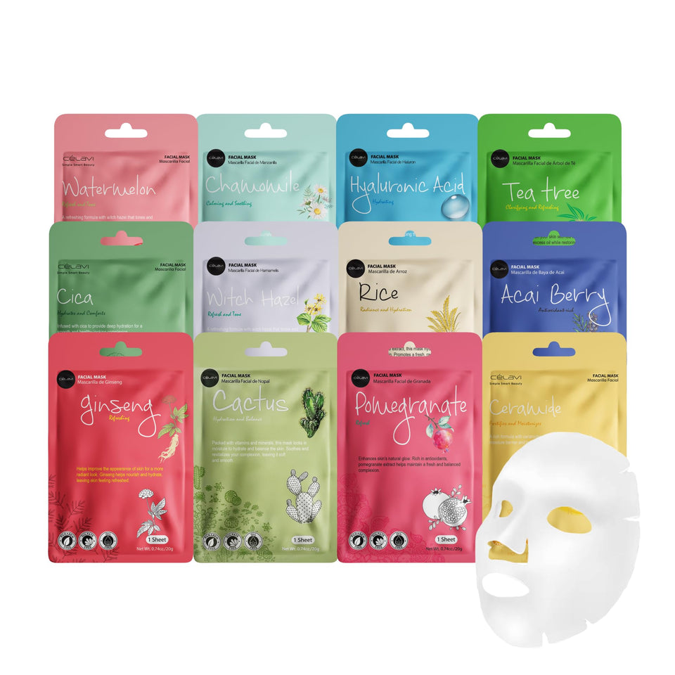 Celavi Cosmetics front packaging of 12-pack masks showing variety and convenience