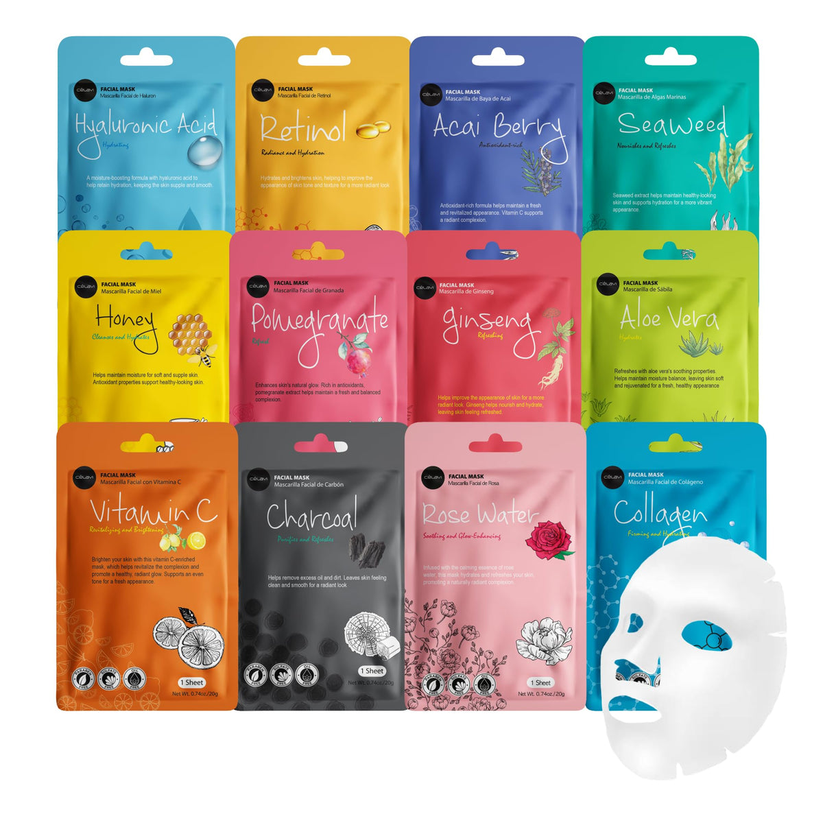 Celavi Cosmetics front packaging showing 12 K-Beauty sheet masks and variety
