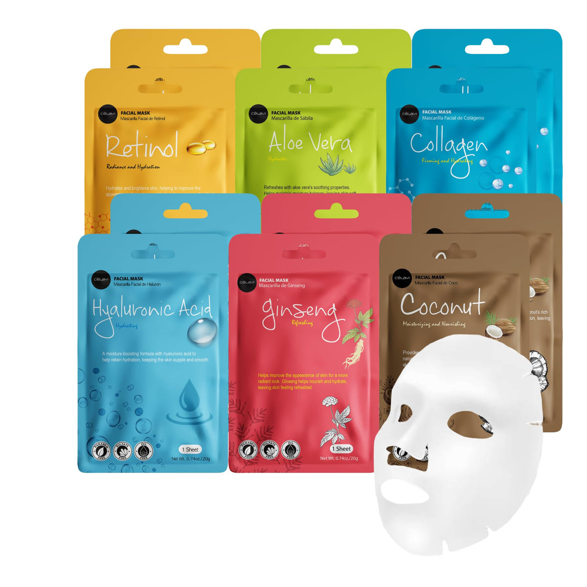 Celavi front pack showing six-formula mask set and benefits