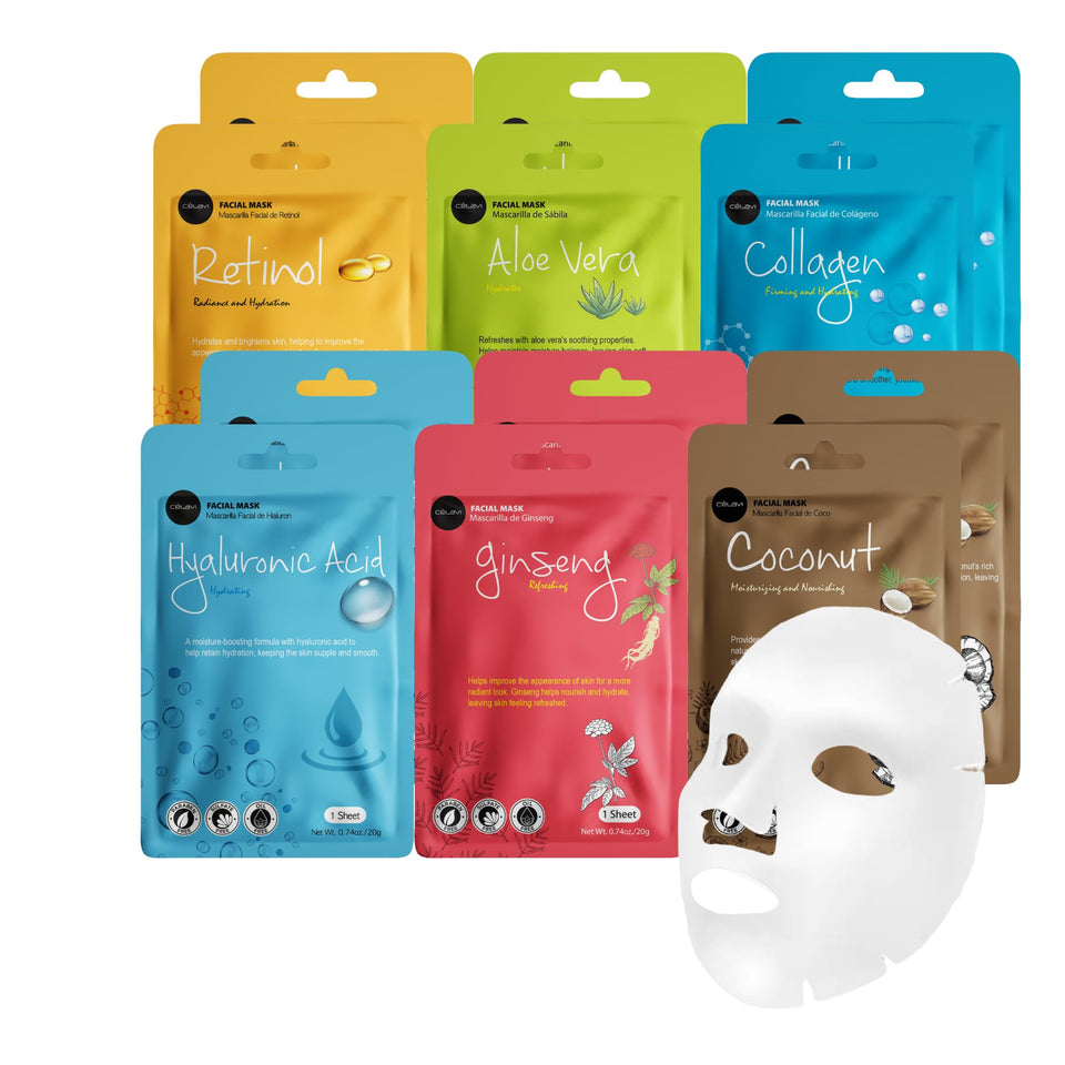 Celavi front pack showing six-formula mask set and benefits