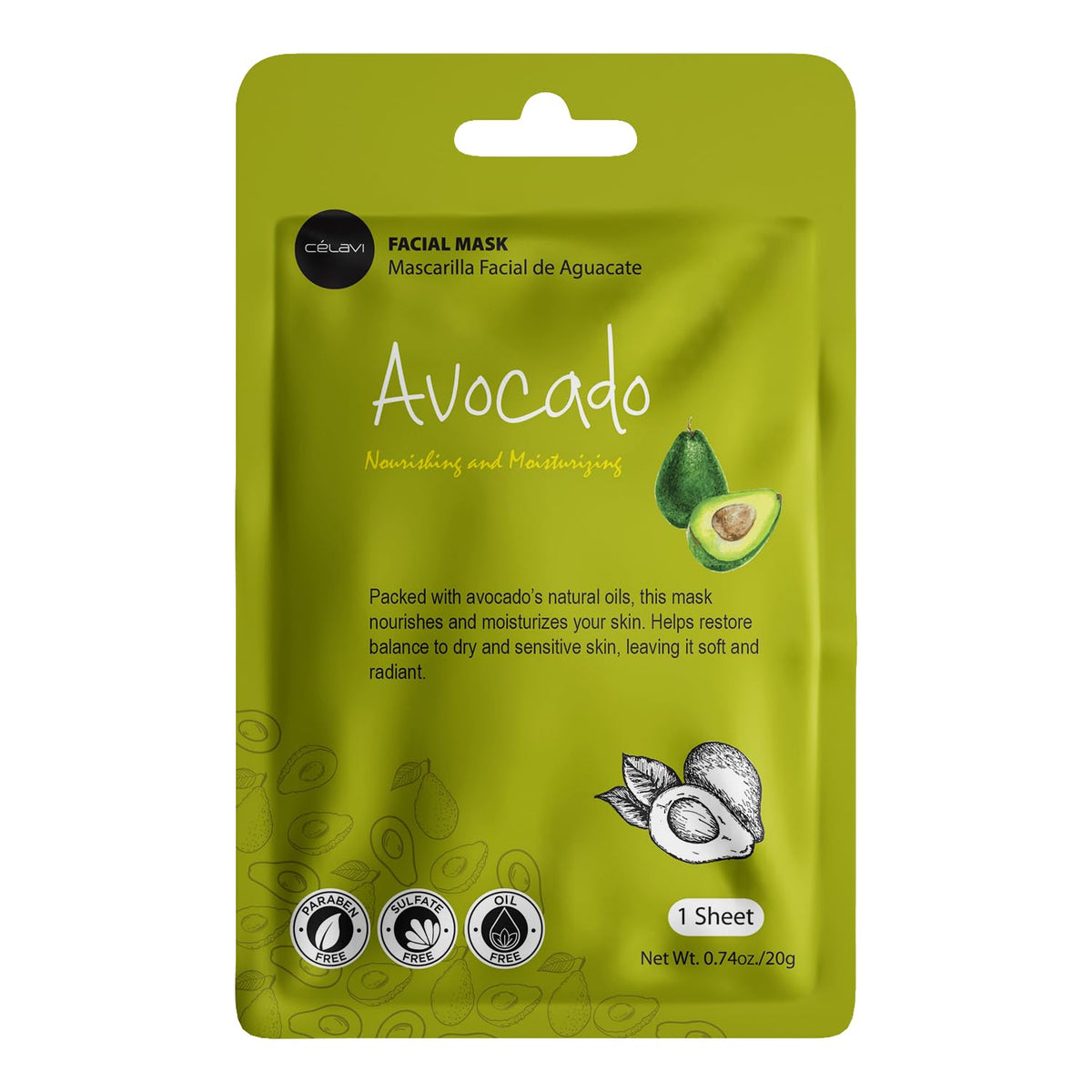 Celavi Cosmetics avocado sheet mask focus for nourishing moisture