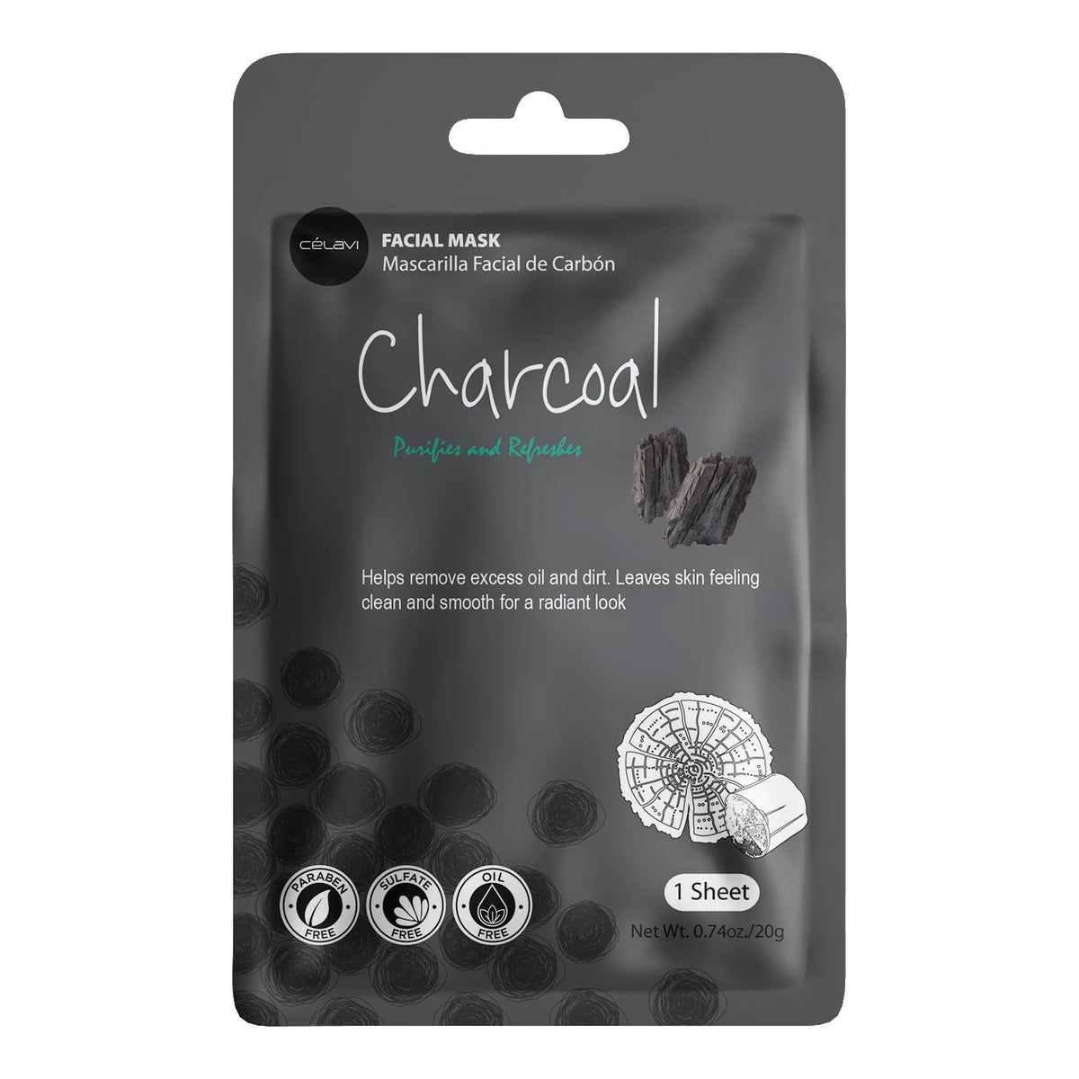 Celavi Cosmetics charcoal sheet mask image showing purifying benefit