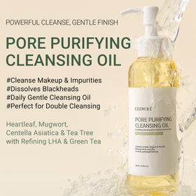 CELDYQUE texture close-up of clear oil droplets, lightweight glide for makeup removal
