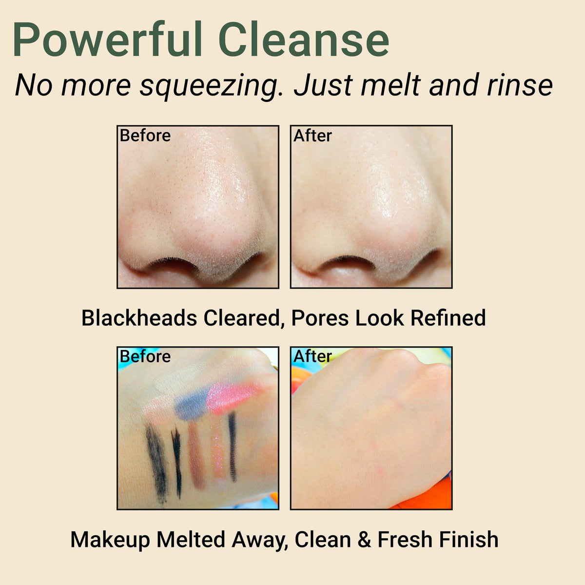 CELDYQUE in-use demonstration massaging makeup off face, removes waterproof sunscreen