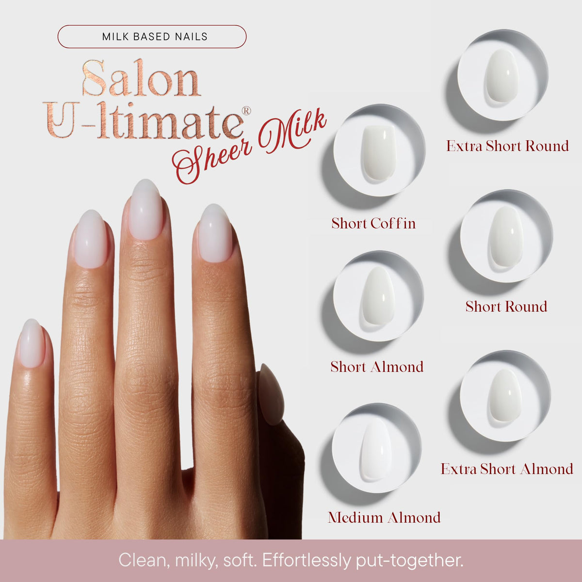 Celebritips sheer milk extra short almond close-up highlighting salon finish and smooth shine