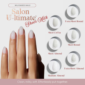 Celebritips sheer milk extra short almond close-up highlighting salon finish and smooth shine