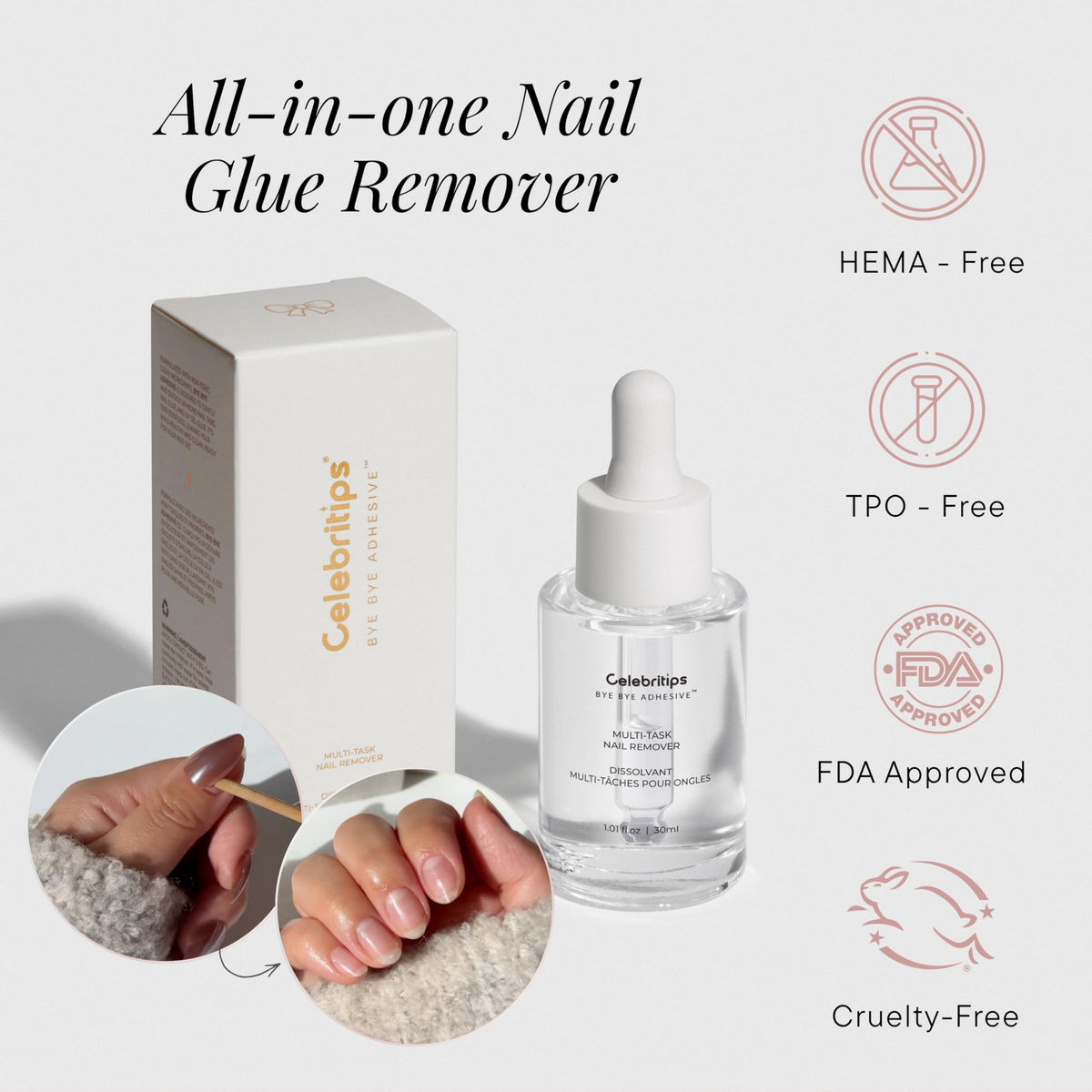 Celebritips bottle held in hand showing 30ml travel-friendly size