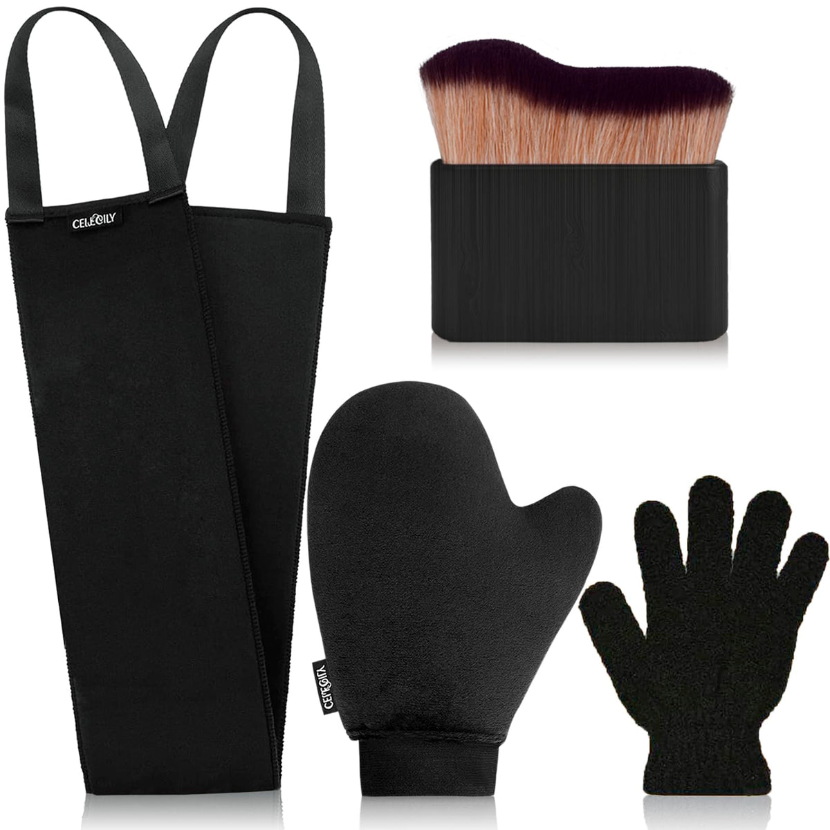 CeleCily front packaging showing complete 4-in-1 mitt and brush set with neat layout, clear contents and benefits