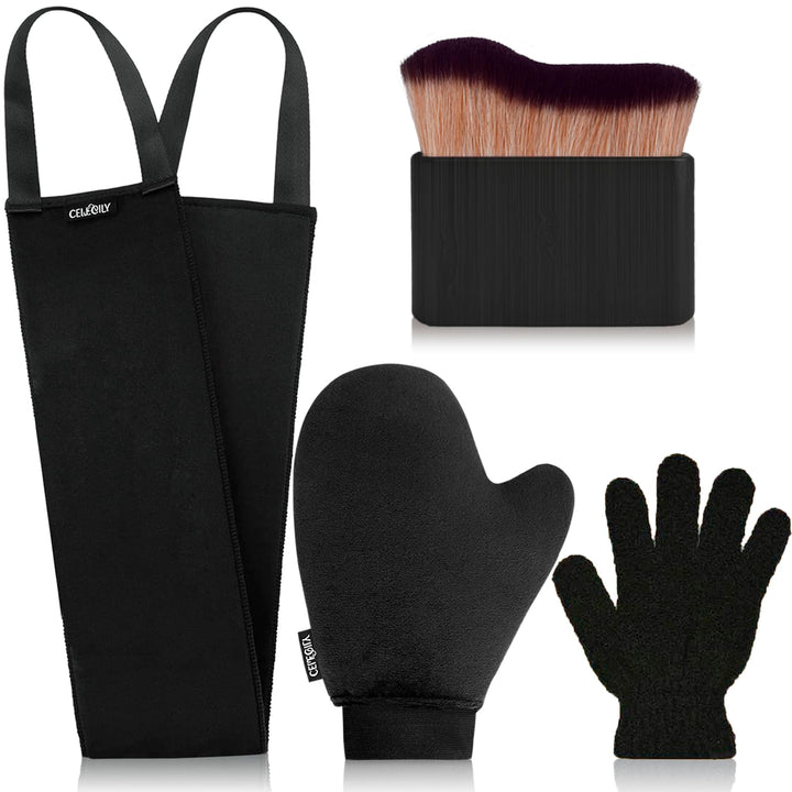 CeleCily front packaging showing complete 4-in-1 mitt and brush set with neat layout, clear contents and benefits
