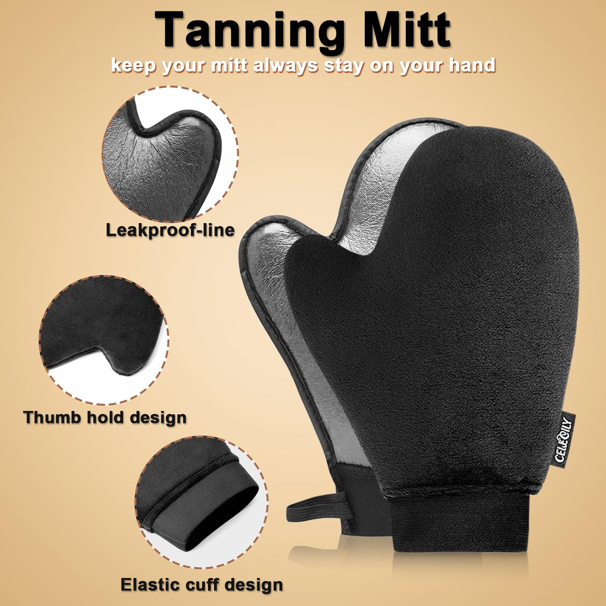 CeleCily velvet mitt close-up showing soft texture and waterproof lining for clean, streak-free application