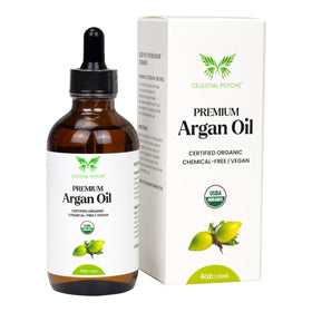 Celestial Psyché front bottle showing organic 4 oz oil and clean packaging, promotes purity