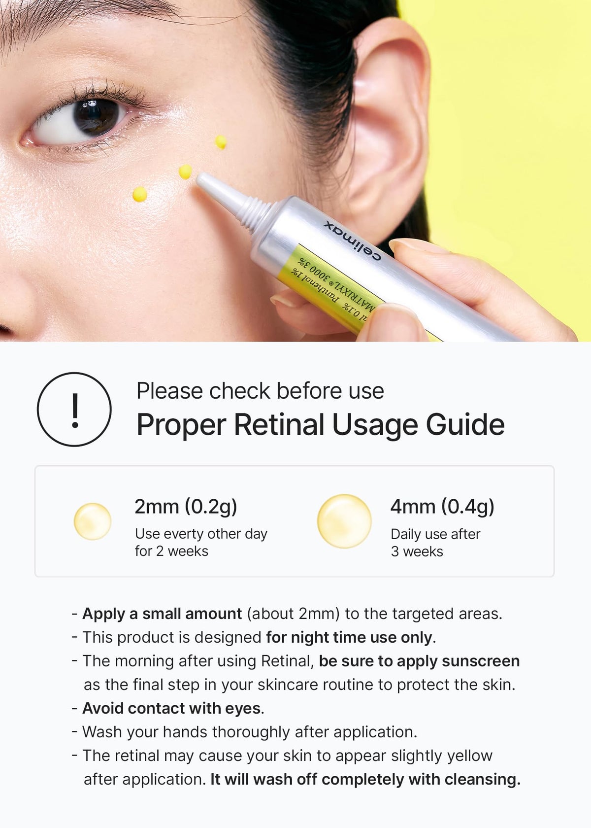 celimax bottle label detail with ingredient callouts, clarifies retinal and Matrixyl strength