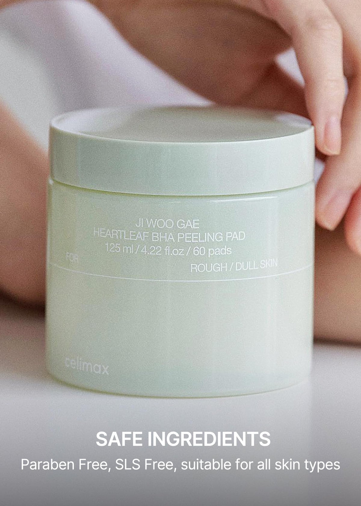 celimax pads beside heartleaf and hyaluronic ingredients for calming hydration