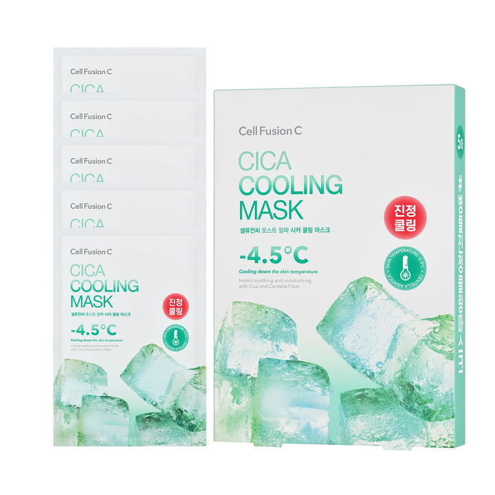 Cell Fusion C front packaging showing five cooling sheet masks and benefits