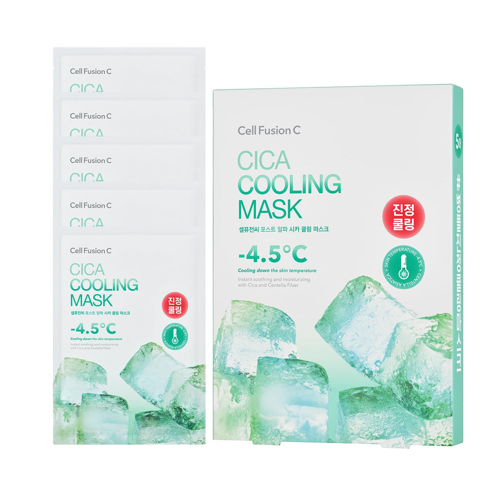 Cell Fusion C front packaging showing five cooling sheet masks and benefits