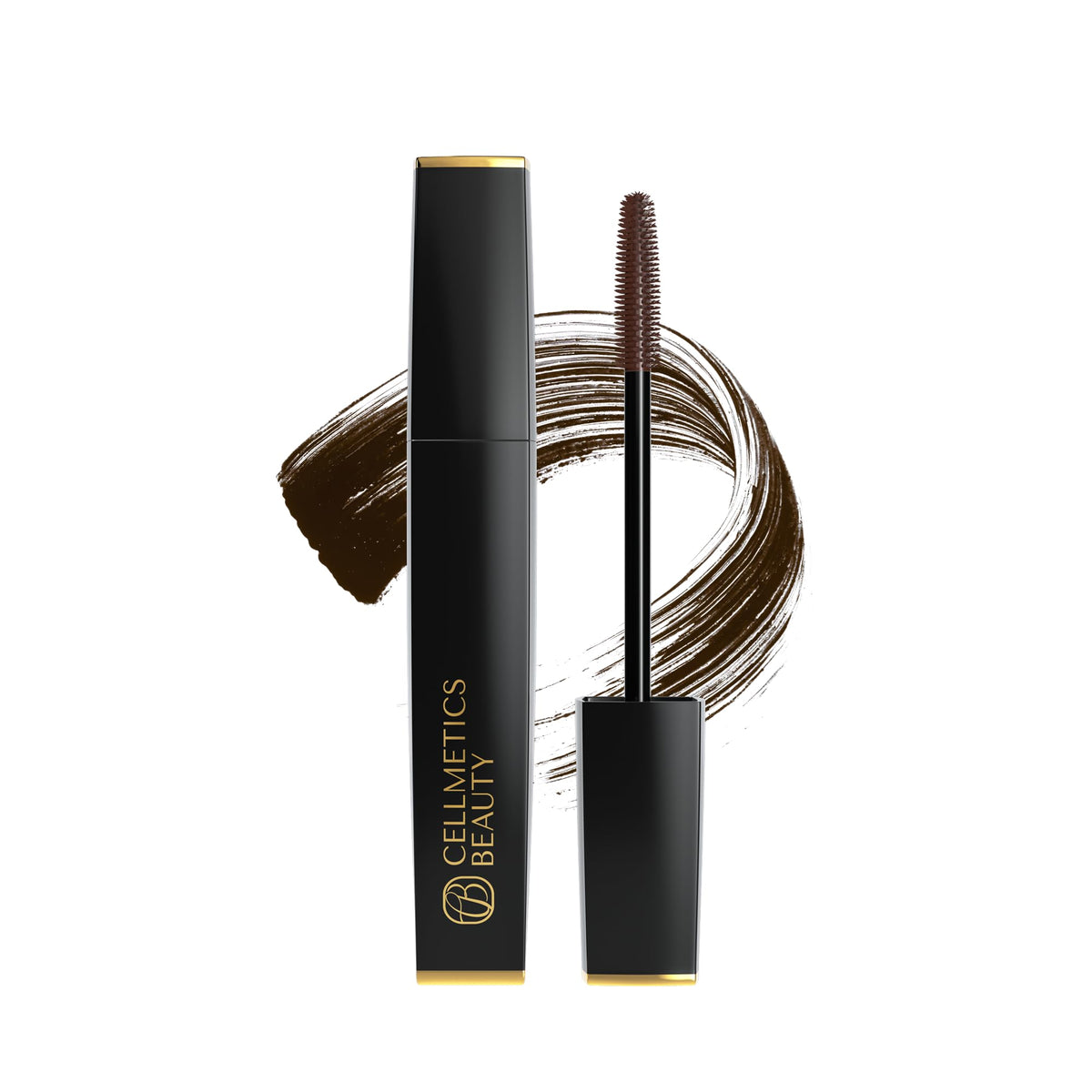 Cellmetics mascara bottle front view showing elegant packaging and benefit of fuller lashes