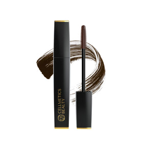 Cellmetics mascara bottle front view showing elegant packaging and benefit of fuller lashes