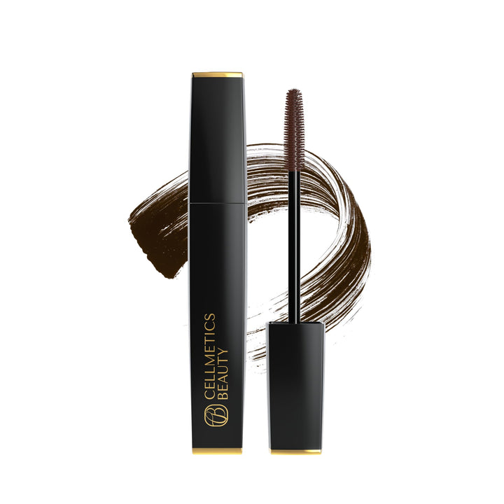 Cellmetics mascara bottle front view showing elegant packaging and benefit of fuller lashes