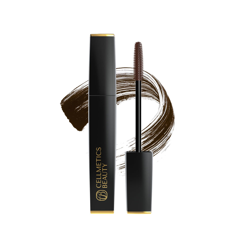 Cellmetics mascara bottle front view showing elegant packaging and benefit of fuller lashes