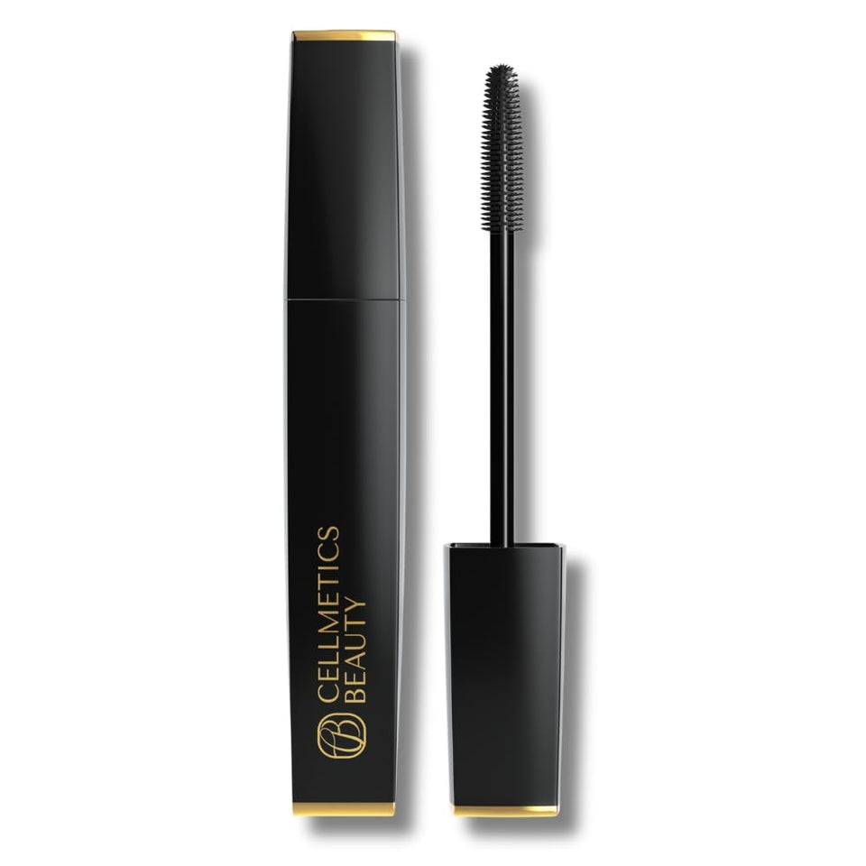 Cellmetics mascara front packaging showcases sleek tube and brand benefit