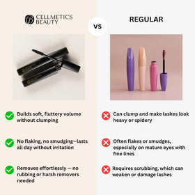 Cellmetics mascara brown shade swatches on skin showing true color and buildable coverage