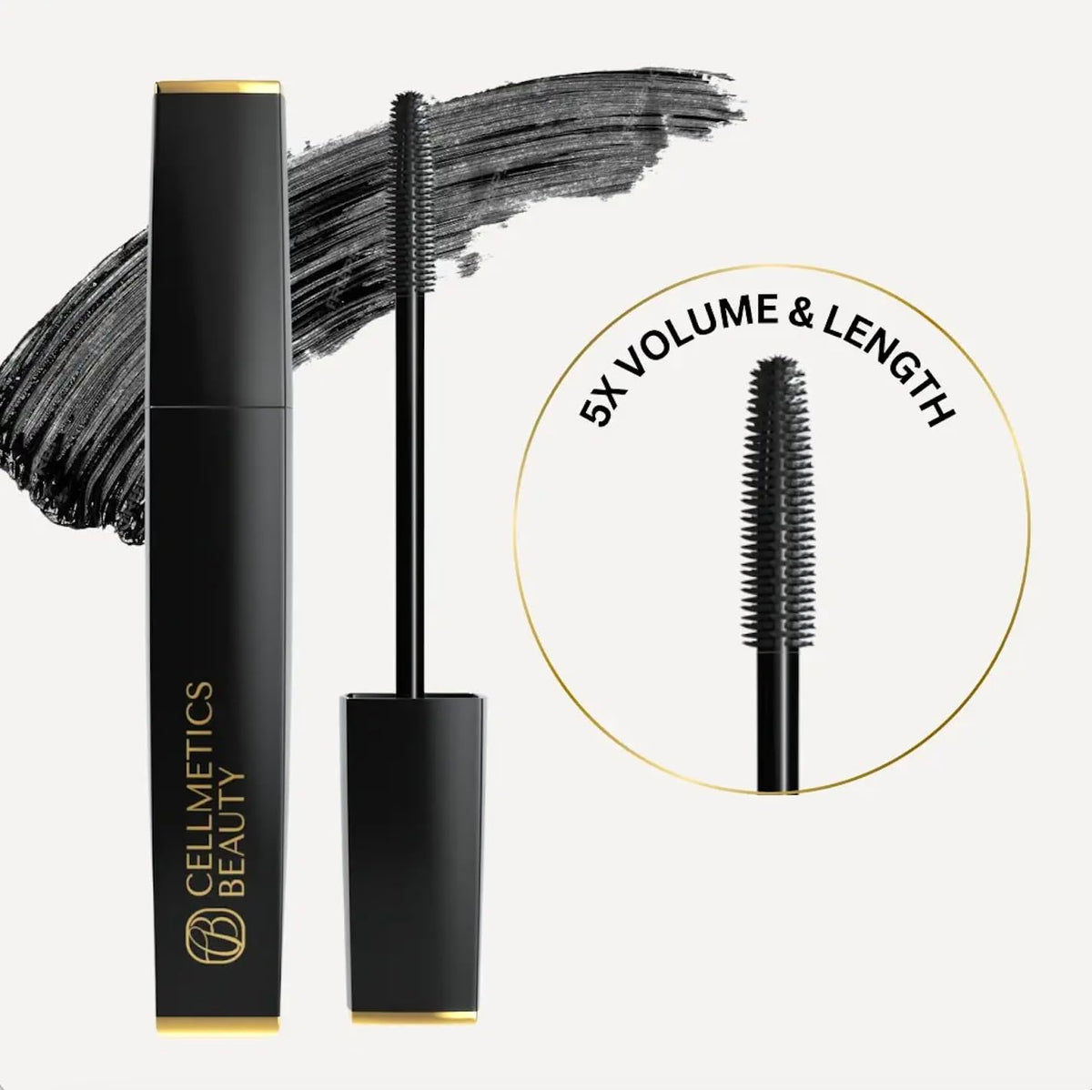 Cellmetics mascara texture swiped displays smooth, non-clumping finish