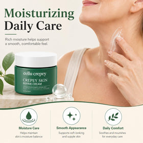 Cellu Crepey cream applied to neck area demonstrating fast absorption and smoothing effect