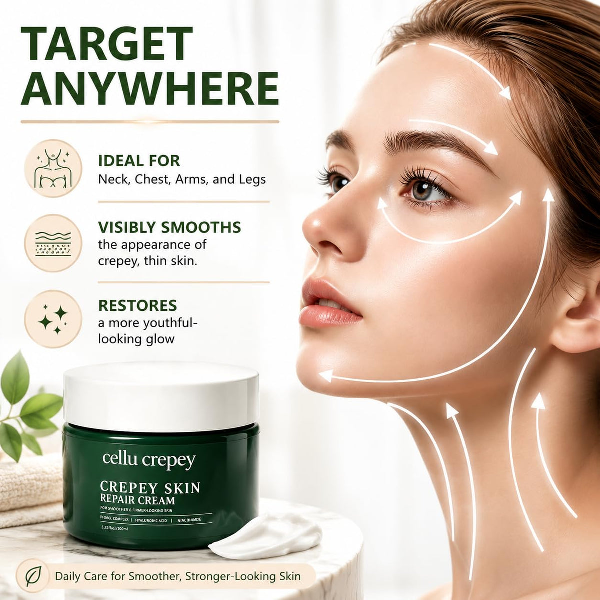 Cellu Crepey beside botanical oils illustrating plant-derived ingredients and nourishment