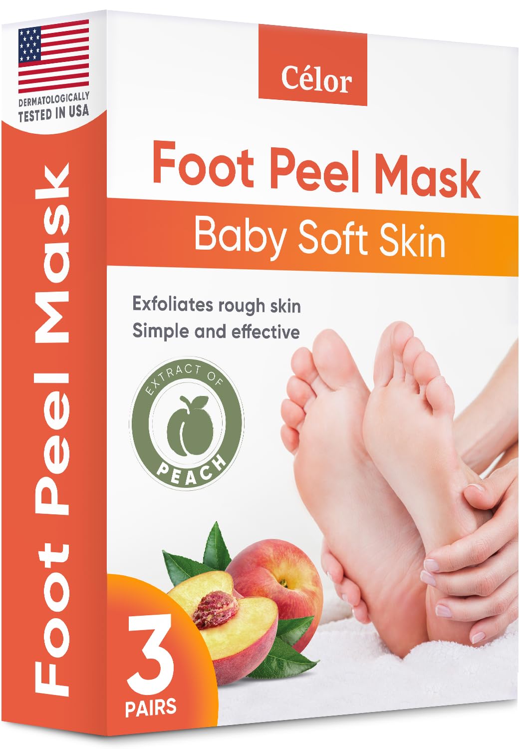 CÉLOR front packaging showing three pairs and peach scent for convenient home foot care