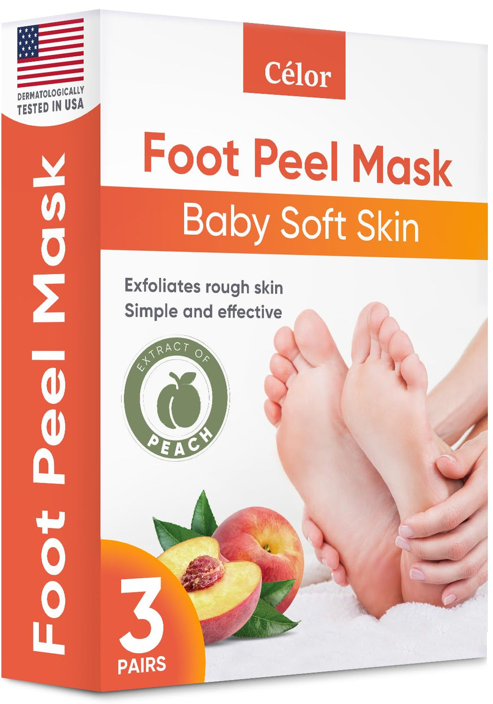 CÉLOR front packaging showing three pairs and peach scent for convenient home foot care