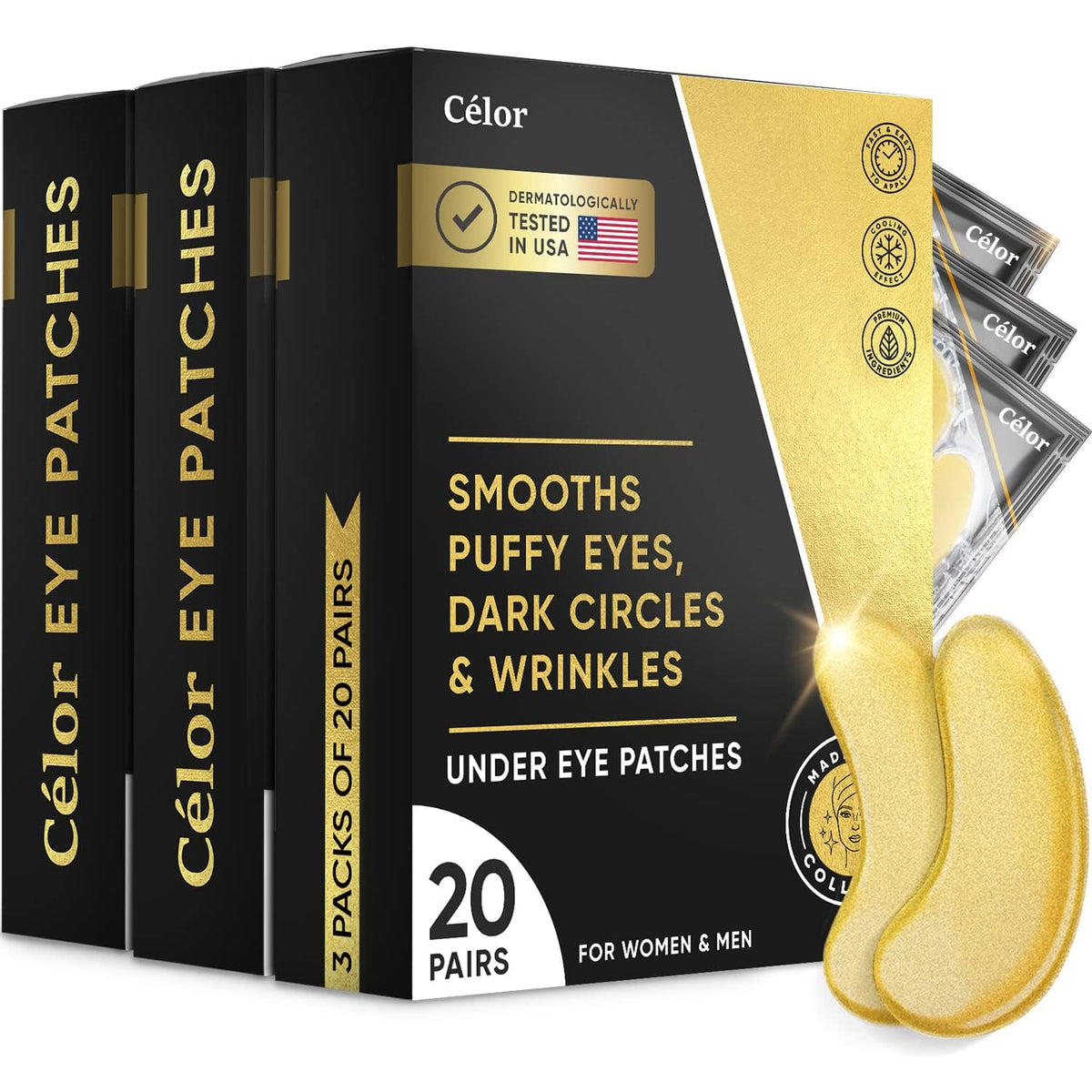 CÉLOR front packaging showing gold eye patches and generous 60 pairs benefit