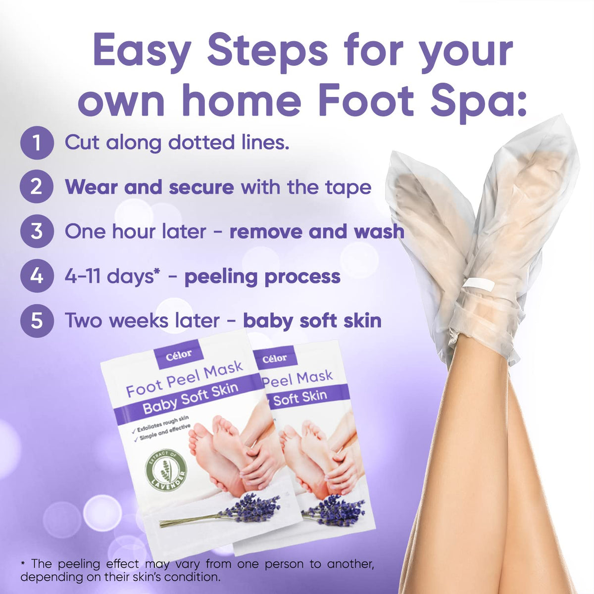 CÉLOR foot mask applied on feet in living room showing comfortable at-home use