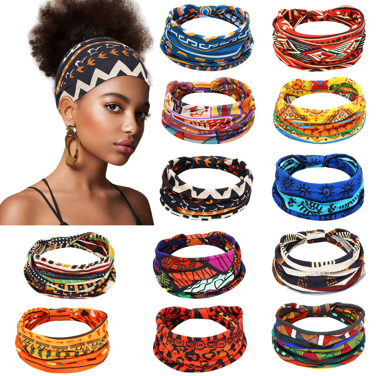Censen front display of 12 vivid African headbands showing variety and convenience