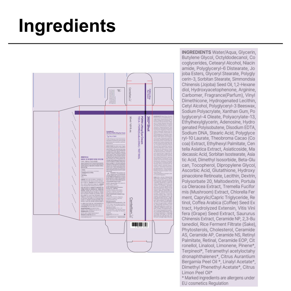 CENTELLIAN 24 ingredient board with centella showcasing formula